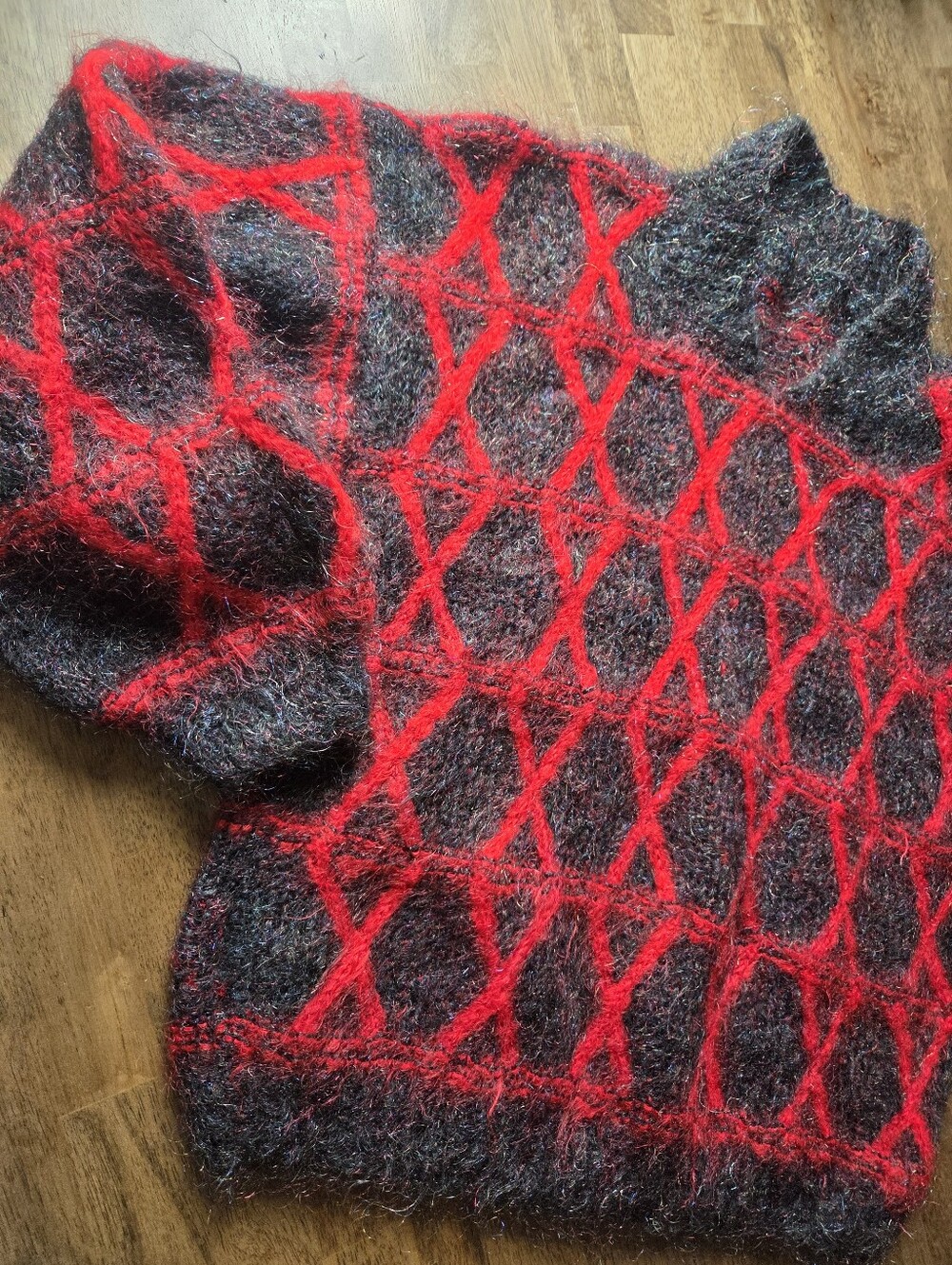Unique Bold Geometric Mohair Like Handknit Rainbow Metallic Shimmer Sweater